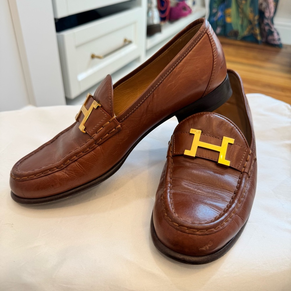 Hermes Brown Leather Women's Loafers with Gold H Accent